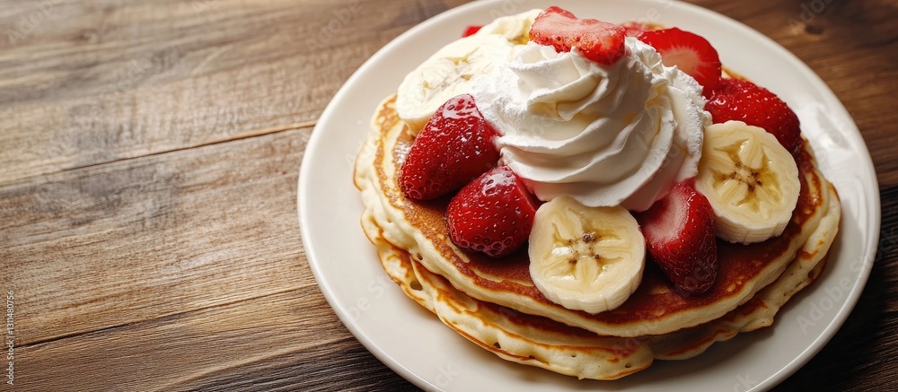 Poster plate of fluffy pancakes stacked high topped with whipped cream bright red strawberries and sliced b