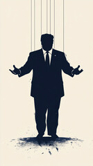 A powerful political or businessman is shown in silhouette with visible puppet or marionette strings, suggesting that he is controlled by an unseen puppet master. Vertical portrait with copy space