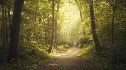 Fototapeta premium Sunlit forest path disappearing into dense trees, creating serene atmosphere