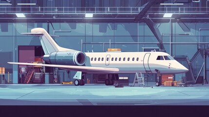 Fototapeta premium A sleek private jet parked in a hangar, surrounded by equipment and cargo.