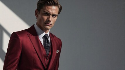 Portrait of a handsome young man in a red maroon suit, illuminated by sun rays against a white background