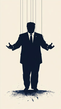 A powerful political or businessman is shown in silhouette with visible puppet or marionette strings, suggesting that he is controlled by an unseen puppet master. Vertical portrait with copy space