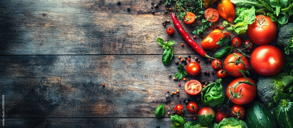 Poster vibrant fresh organic vegetables in shades of red and green arranged on a rustic wooden table with s