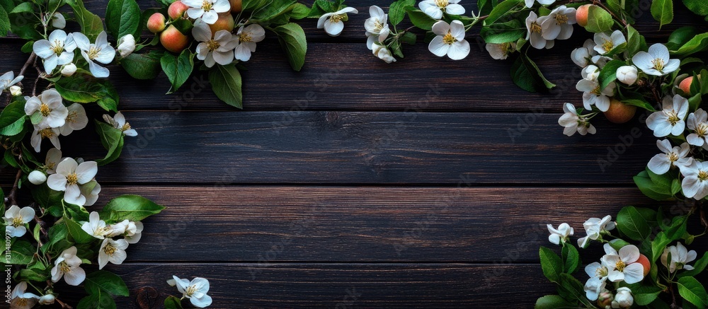 Aufkleber blooming apple tree flowers and green leaves on dark wooden surface creating a spring wreath border 