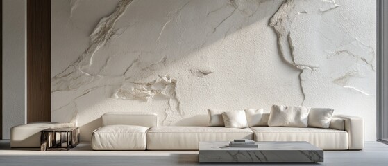 Modern living room with textured wall, sectional sofa, and coffee table.