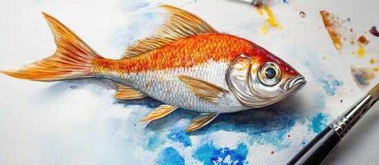Fototapeta premium Realistic goldfish painting on textured white paper with vibrant orange and white hues, surrounded by brushes and watercolor splashes in blue and yellow.