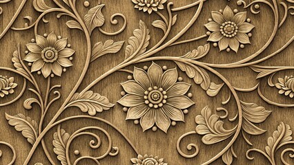 Warm brown wooden texture with a floral relief, suitable for rustic, natural or traditionally styled backgrounds.
