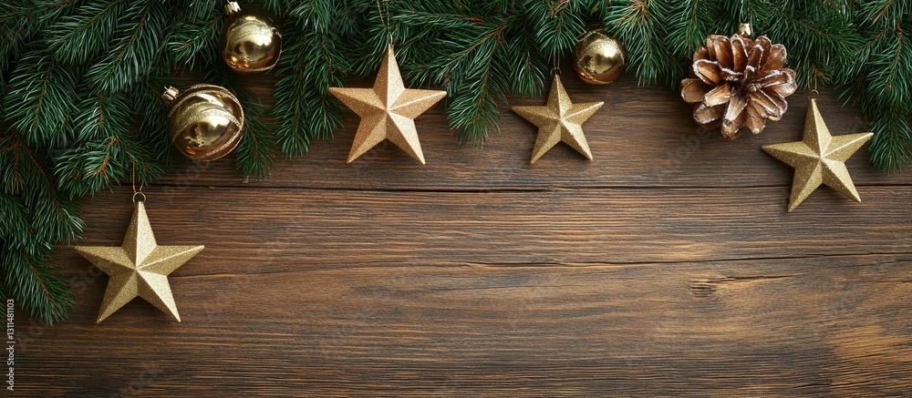 Poster golden stars and ornaments on a rustic wooden surface with green fir tree branches creating a festiv
