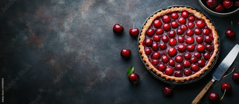 Poster Rustic cherry tart pie with glossy cherries on dark textured backdrop, knife positioned alongside, featuring empty horizontal copyspace.