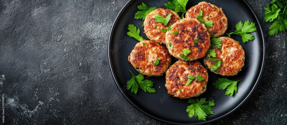 Poster Buckwheat cutlets with cheese garnished with parsley arranged on a black plate on a dark textured background with ample negative space.