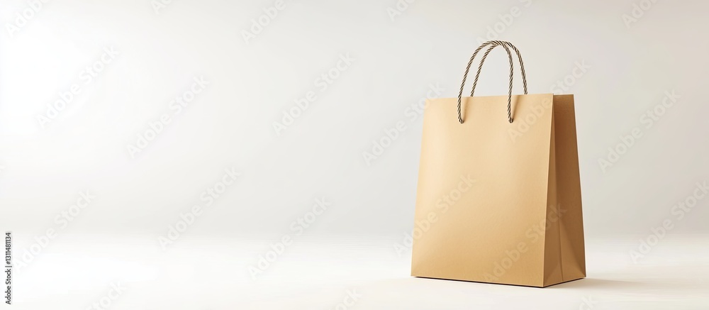 Poster brown paper bag with cord handles standing upright on the right against a light gray background high