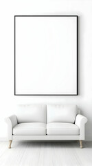 White Sofa And Empty Picture Frame Mockup 3D Illustration Renderings
