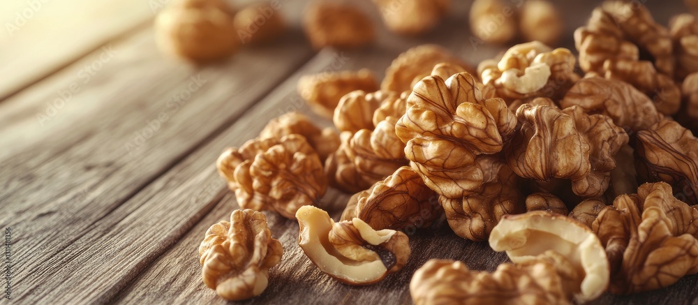Poster close up of walnuts in various orientations on a textured wooden surface with soft natural light hig