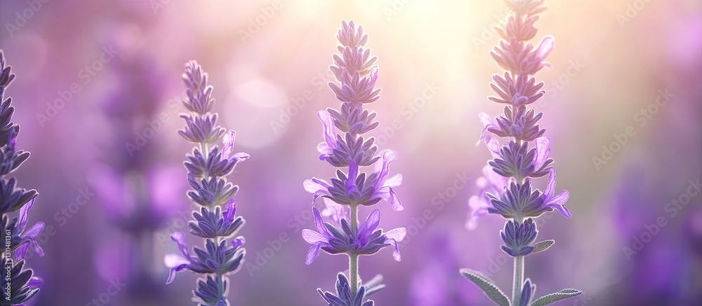 Poster Purple flowering sage plants in a soft focus background with warm golden light creating a serene organic atmosphere for nature themes.