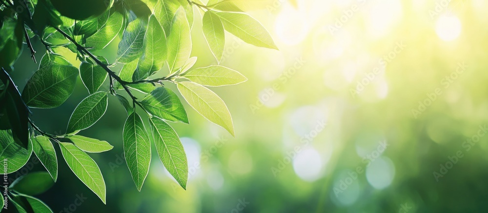 Fototapete Soft green tropical leaves with sunlight filtering through, creating a calm atmosphere and natural bokeh effect in a summer setting.