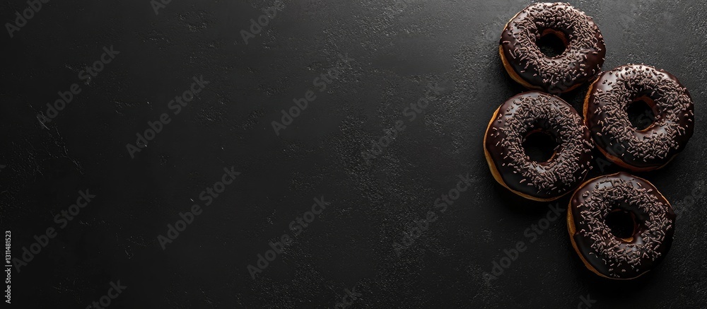 Aufkleber Chocolate donuts with chocolate sprinkles on a dark gray background positioned in the lower right corner with ample negative space for text.