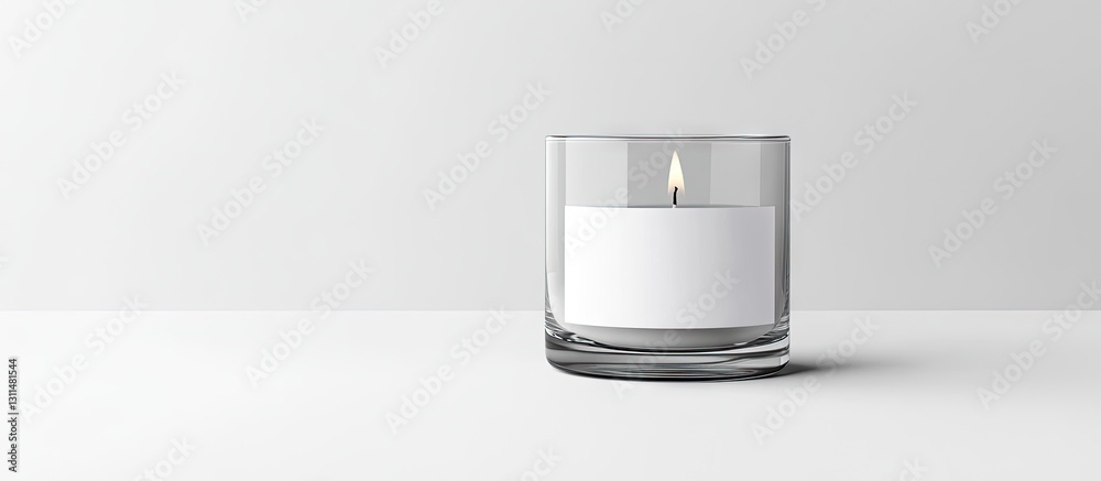 Poster clear glass candle with lit wick centered on white surface featuring a blank label for branding mock