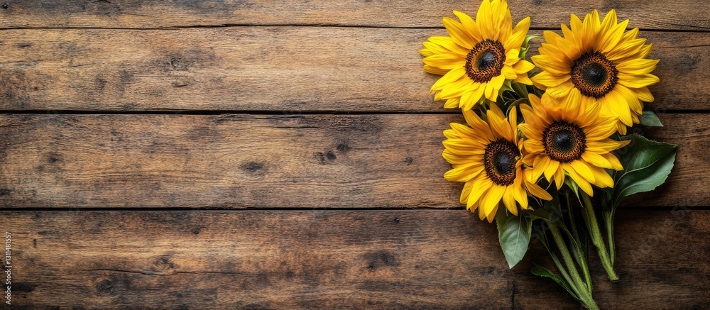 Poster bouquet of vibrant yellow sunflowers arranged on a rustic textured wooden table with space for text 