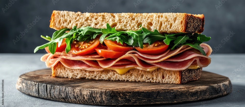 Poster Savory sandwich stacked with ham arugula tomatoes and cheese on a rustic wooden board against a gray background side view with copy space
