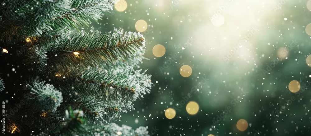Aufkleber lush green christmas tree branches with soft golden bokeh lights and falling snowflakes creating a f