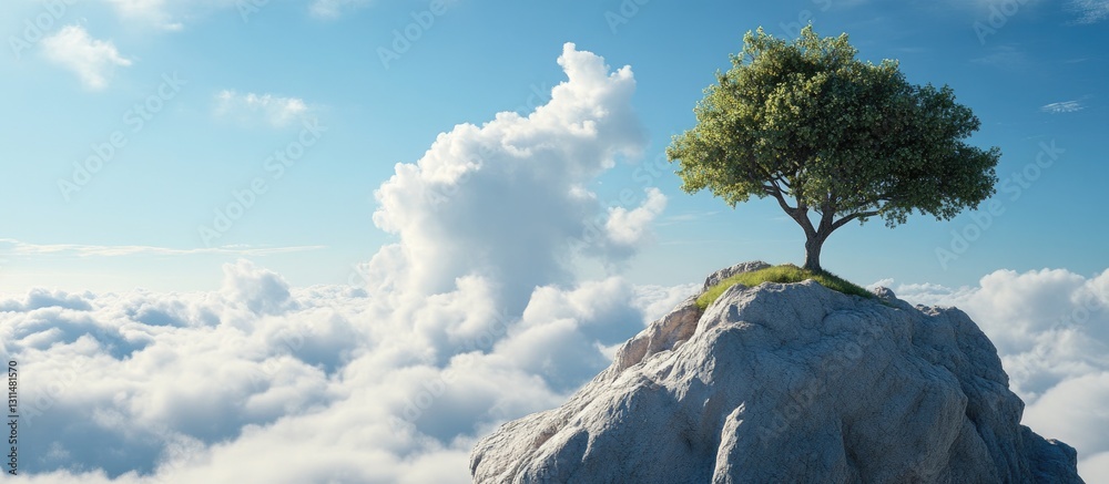 Poster lone green tree on rocky mountain summit against vibrant blue sky and fluffy white clouds with ample