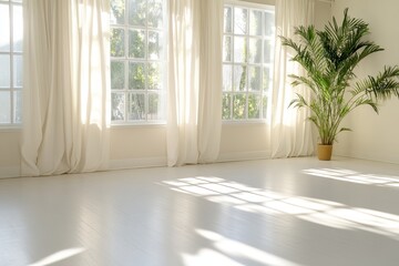 Fototapeta premium Bright Room With Large Windows And Elegant Curtains.
