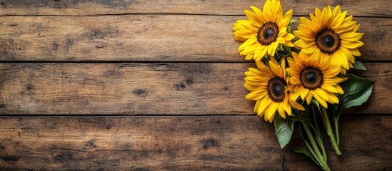 Obraz premium Bouquet of vibrant yellow sunflowers arranged on a rustic textured wooden table with space for text on the left side top view flat lay