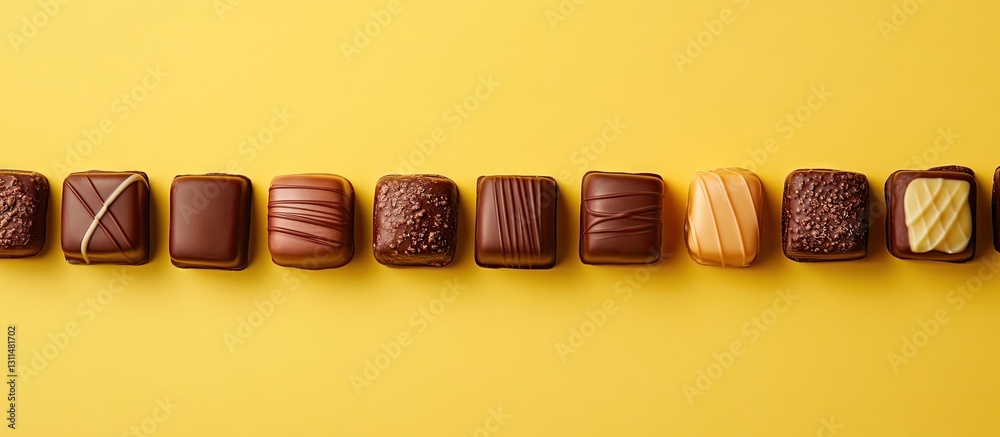 Aufkleber Delicious assorted chocolates arranged in a straight line on a vibrant yellow background with ample copy space above for text placement