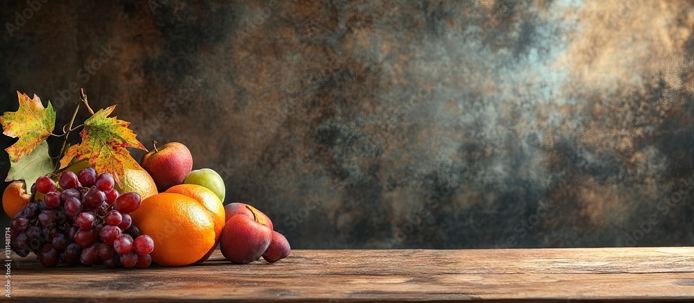 Poster rustic wooden table with vibrant autumn fruits including apples grapes and oranges surrounded by col