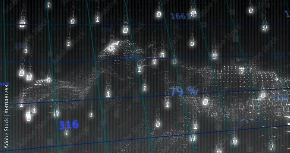 Poster animation of digital data and binary code overlaying abstract mountain landscape