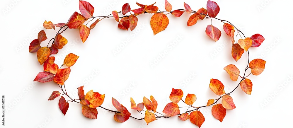 Poster Vibrant autumn leaves garland in round shape on white background with copy space, featuring rich reds and oranges intertwined with twigs.