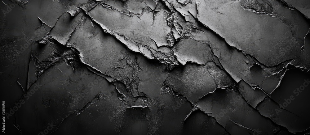 Aufkleber Abstract dark textured wall with deep black background and rugged surfaces highlighted by subtle light reflections across cracked edges