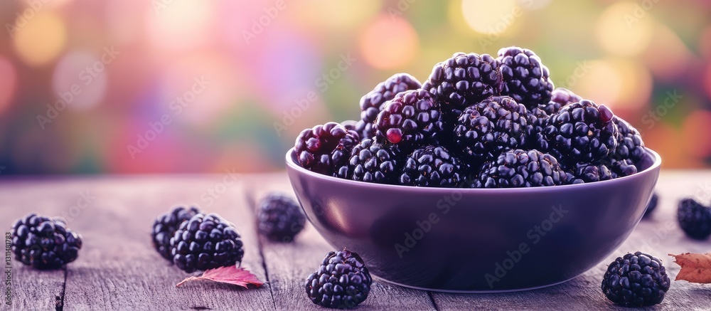 Poster Bowl of fresh blackberries positioned centrally on a wooden table with a soft blurred colorful background featuring warm tones and bokeh effects.