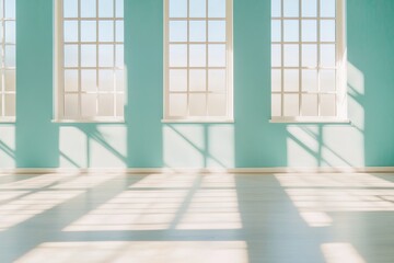 Fototapeta premium Bright Blue Wall With Windows Casting Natural Light In