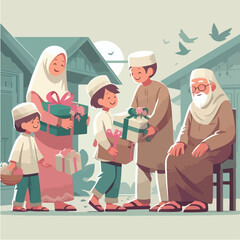 A serene rural Eid morning with villagers exchanging gifts and enjoying traditional food under a giant tree, illustrated in a soft, warm flat style