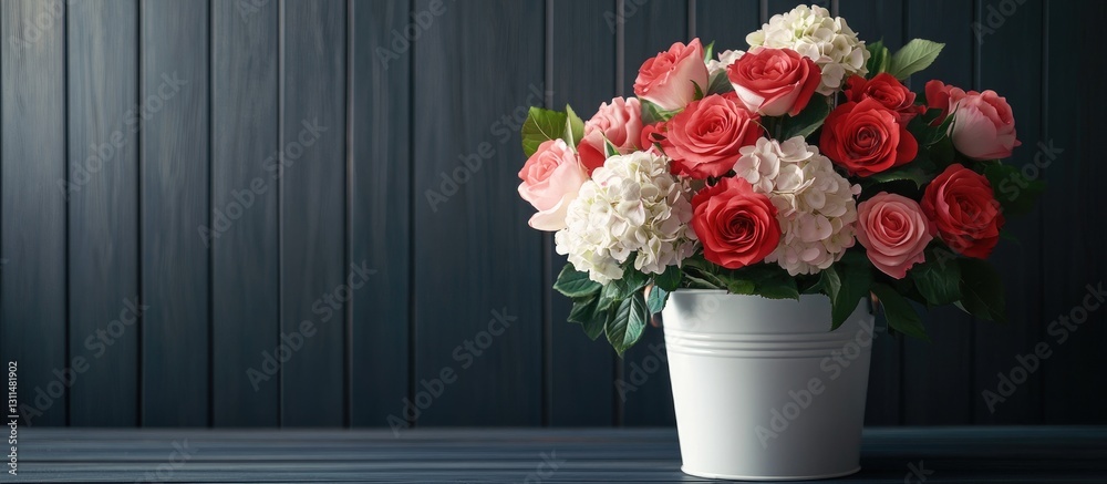 Poster bouquet of vibrant red and pink roses alongside white hydrangeas in a white bucket against a dark wo