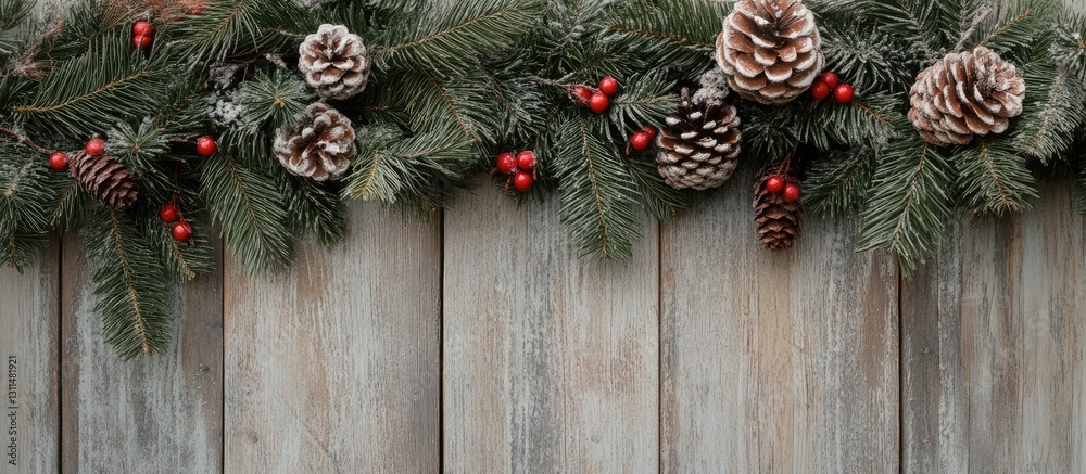 Poster christmas greenery and pine cones with red berries arranged on weathered wood background creating a 