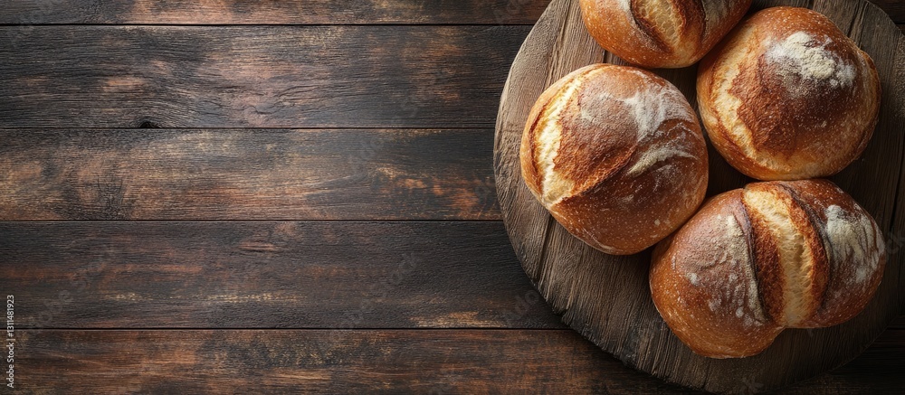 Poster golden-brown buns arranged on a wooden board, with a dark rustic surface and a clear left area for t
