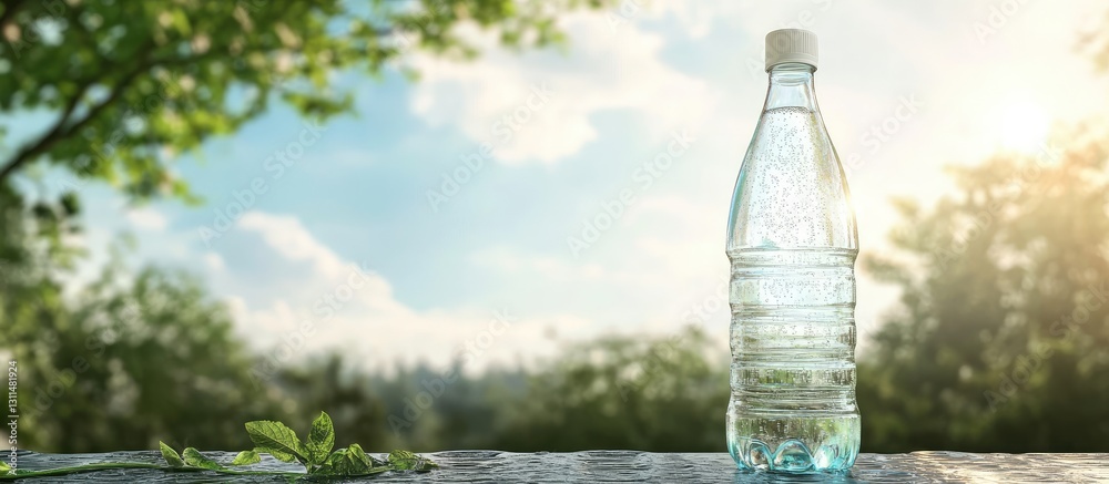 Poster clear plastic water bottle on a surface with green leaves, set against a blurred sky and trees backd