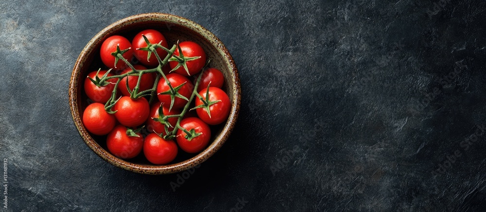Poster Fresh red cherry tomatoes on vine arranged in a rustic ceramic bowl against dark stone background top view with ample copy space on left
