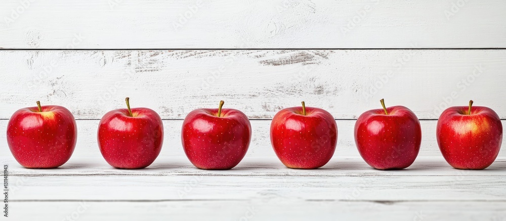Poster Row of vibrant red apples lined up on a rustic white wooden table with a natural grain texture creating a fresh and inviting atmosphere