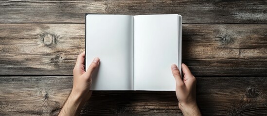 Open blank business notebook held by two hands above a rustic wooden table, showcasing textured brown wood grains and soft natural light.