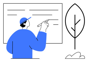 Person in blue attire writing or brainstorming on board with a pen, alongside a simple tree icon. Ideal for education, strategy, planning, creativity, presentation, environment, sustainability