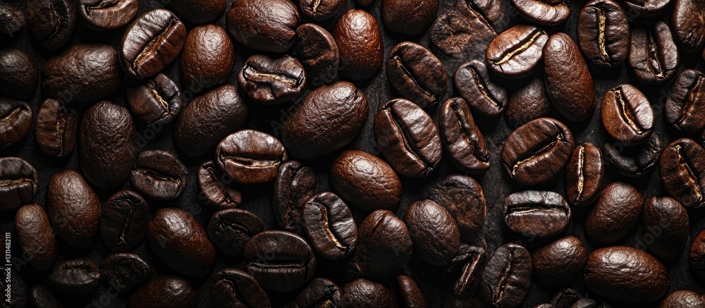 Poster Rich dark roasted coffee beans spread across a textured black surface creating a warm and inviting coffee background with deep brown tones
