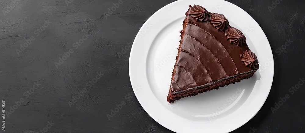 Poster chocolate cake slice on a white plate viewed from above with rich dark brown frosting and decorative