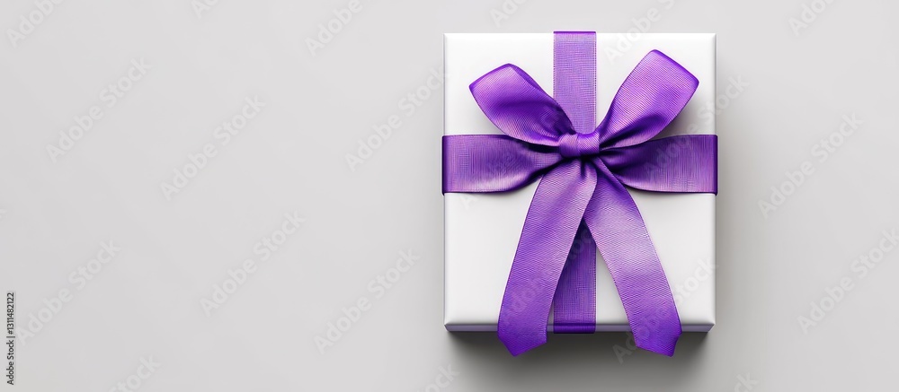 Poster elegant white gift box adorned with a vibrant purple bow, centered on a soft gray background, offeri