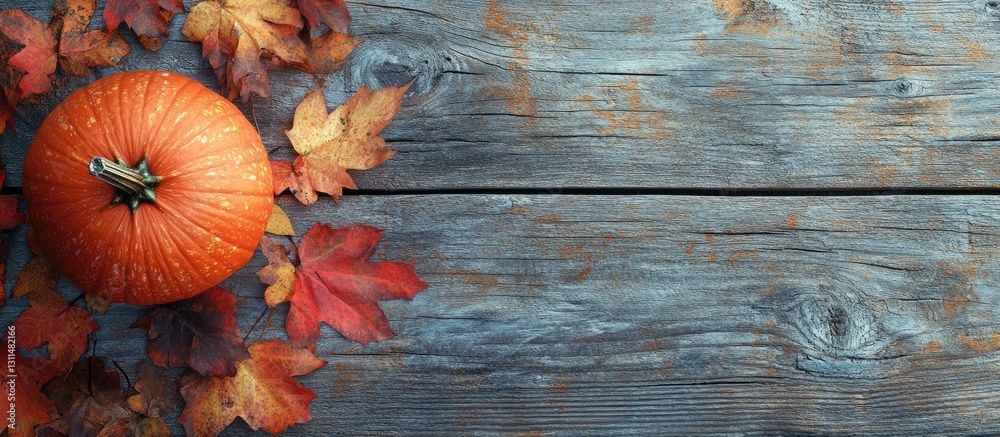 Aufkleber autumn composition featuring a vibrant orange pumpkin surrounded by red and yellow leaves on a weath