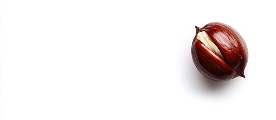 Obraz premium Chestnut with glossy brown exterior and creamy white part, positioned at the top left against a bright white background with ample copyspace