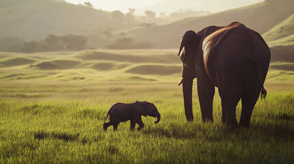 Fototapeta premium baby elephant follows its parent across sunlit grassy field