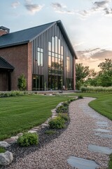 Fototapeta premium Elegant modern farmhouse exterior at sunset with landscaped garden and winding stone path surrounded by lush greenery in a tranquil setting